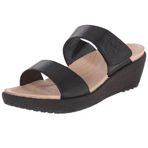 CROCS Black Leather Two Strap Wedge Sandal A-Leigh II Size 9
